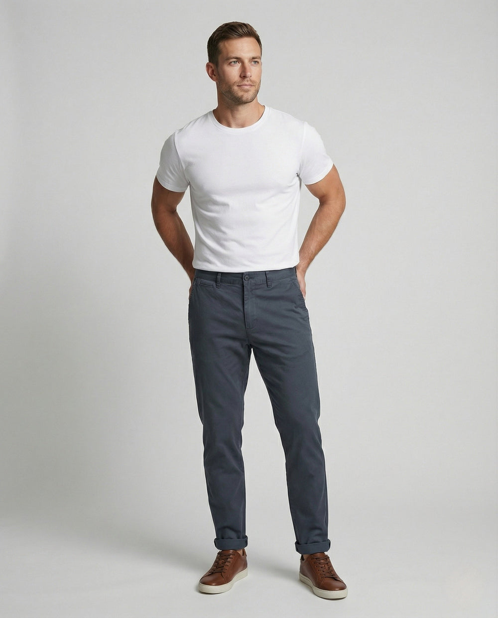 Men's tapered chinos displaying the fleece lining
