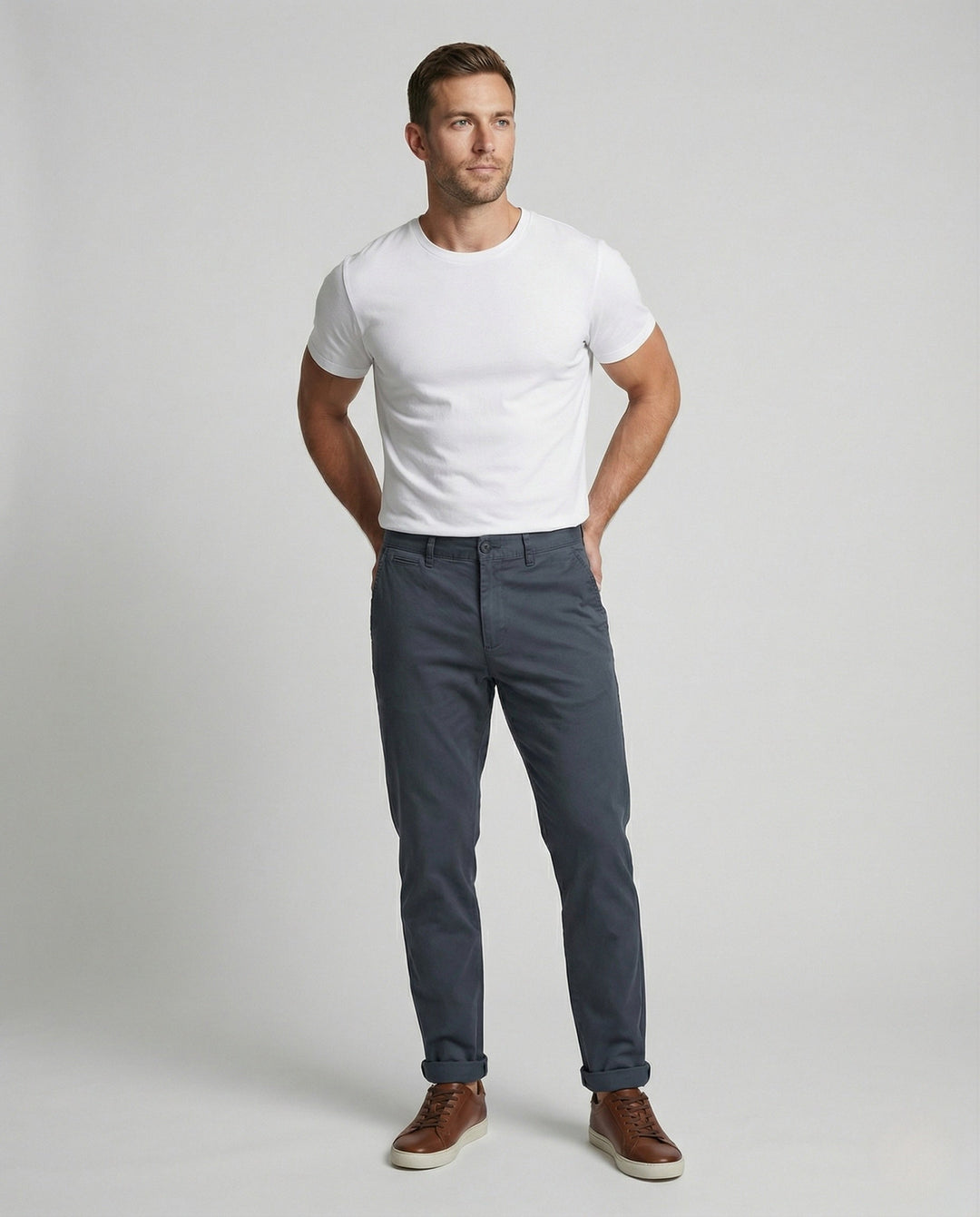 Men's tapered chinos displaying the fleece lining
