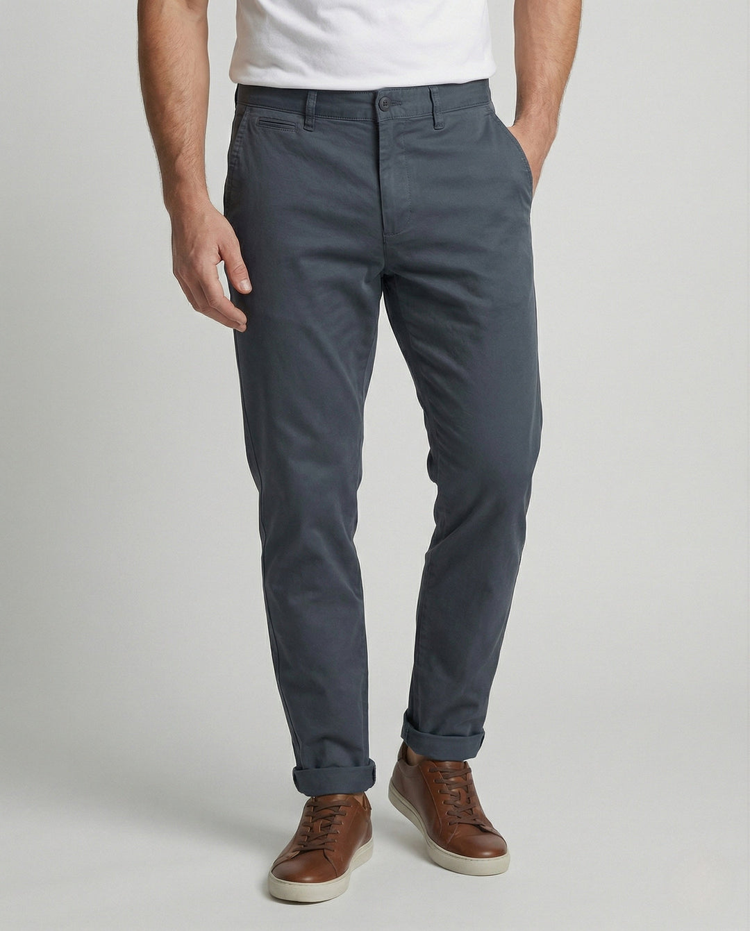 Men's fleece-lined tapered chinos shown from the front