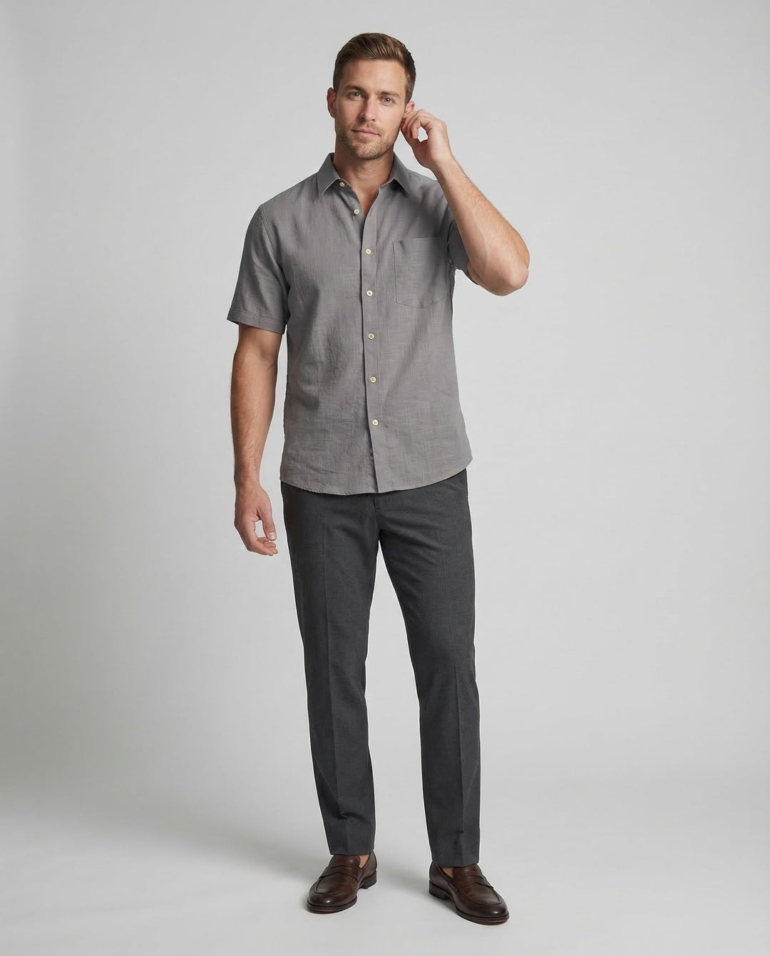 Men's short sleeve linen shirt in a relaxed fit shown from the front