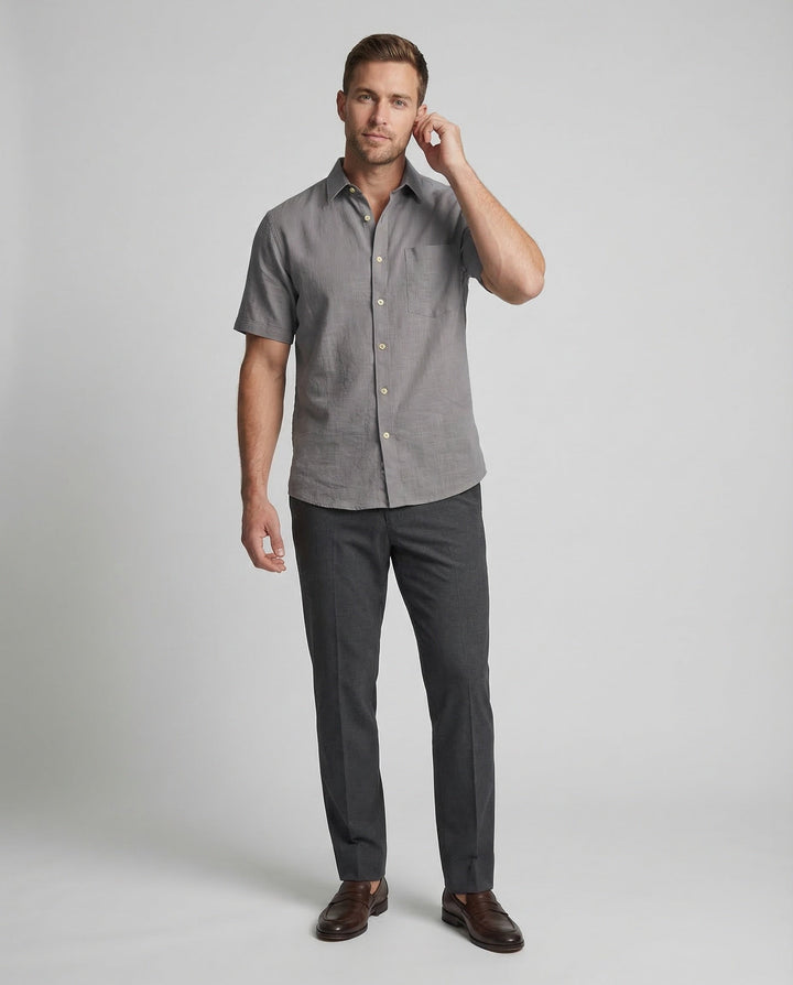 Men's short sleeve linen shirt in a relaxed fit shown from the front