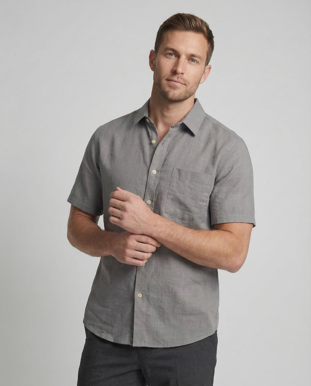 Men's relaxed fit linen shirt with short sleeves shown from the back