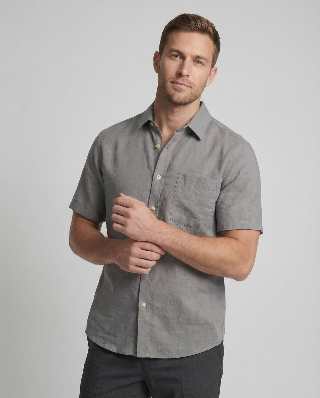 Men's relaxed fit linen shirt with short sleeves shown from the back