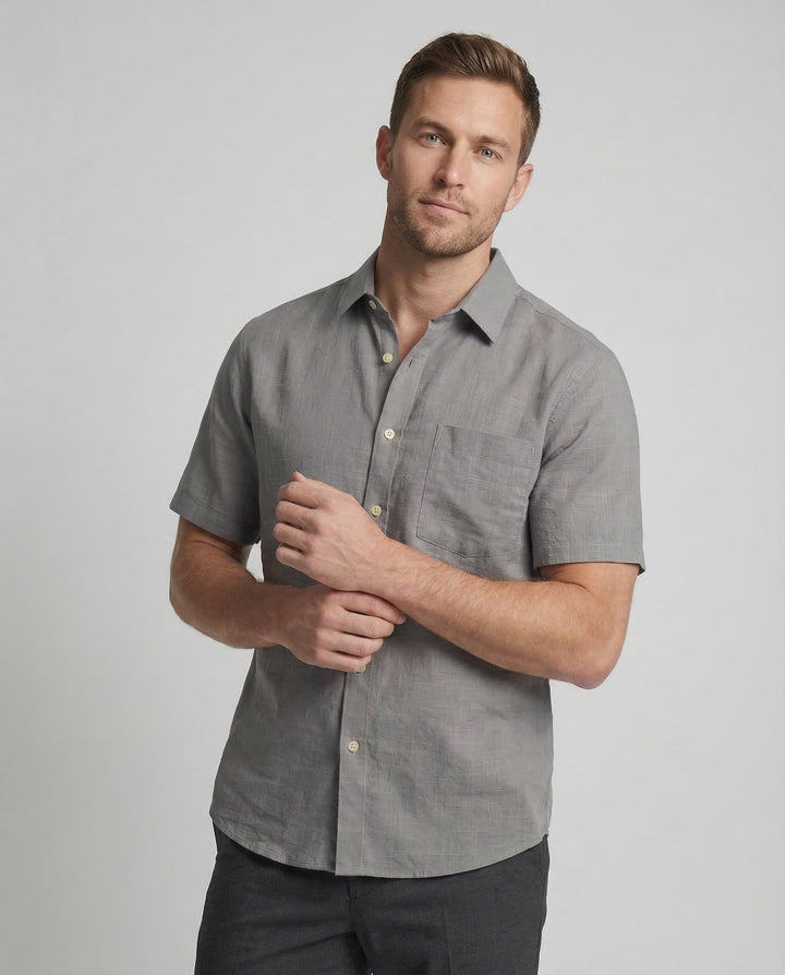 Men's relaxed fit linen shirt with short sleeves shown from the back