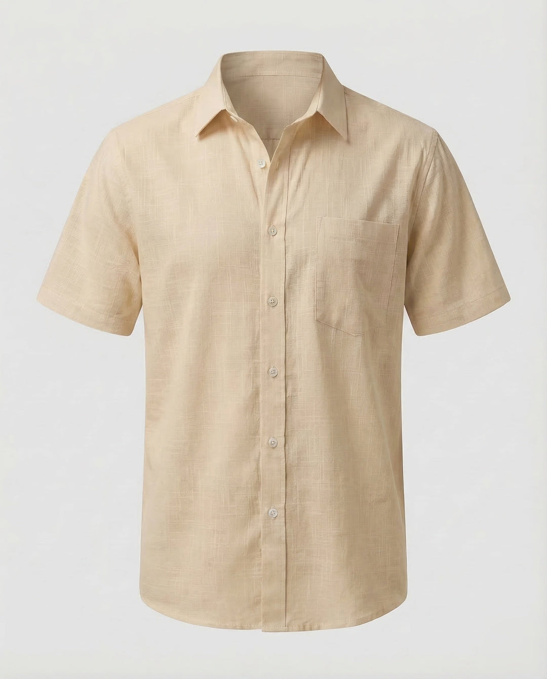 Men's relaxed fit linen shirt laid flat to show overall shape