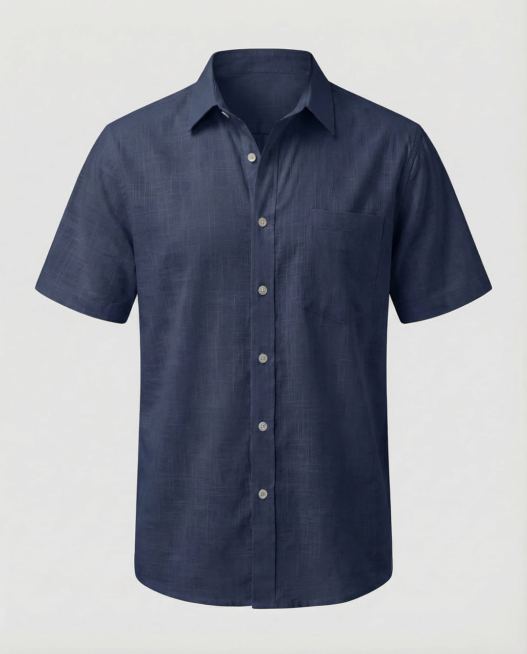 Close-up of buttons and collar on the men's short sleeve linen shirt