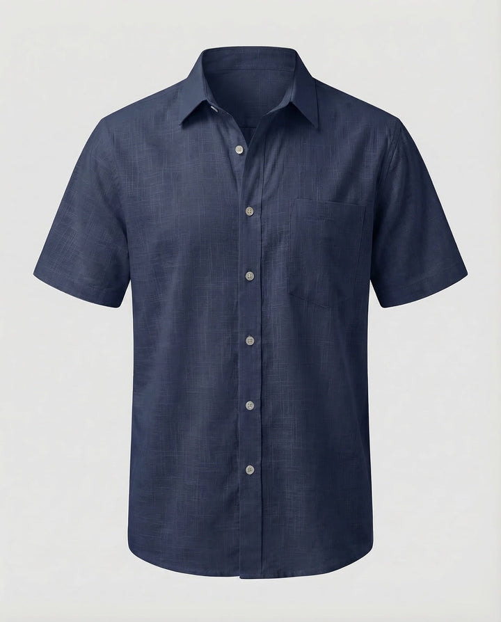 Close-up of buttons and collar on the men's short sleeve linen shirt