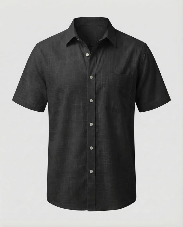 Men's breathable linen shirt in relaxed fit displayed on a hanger