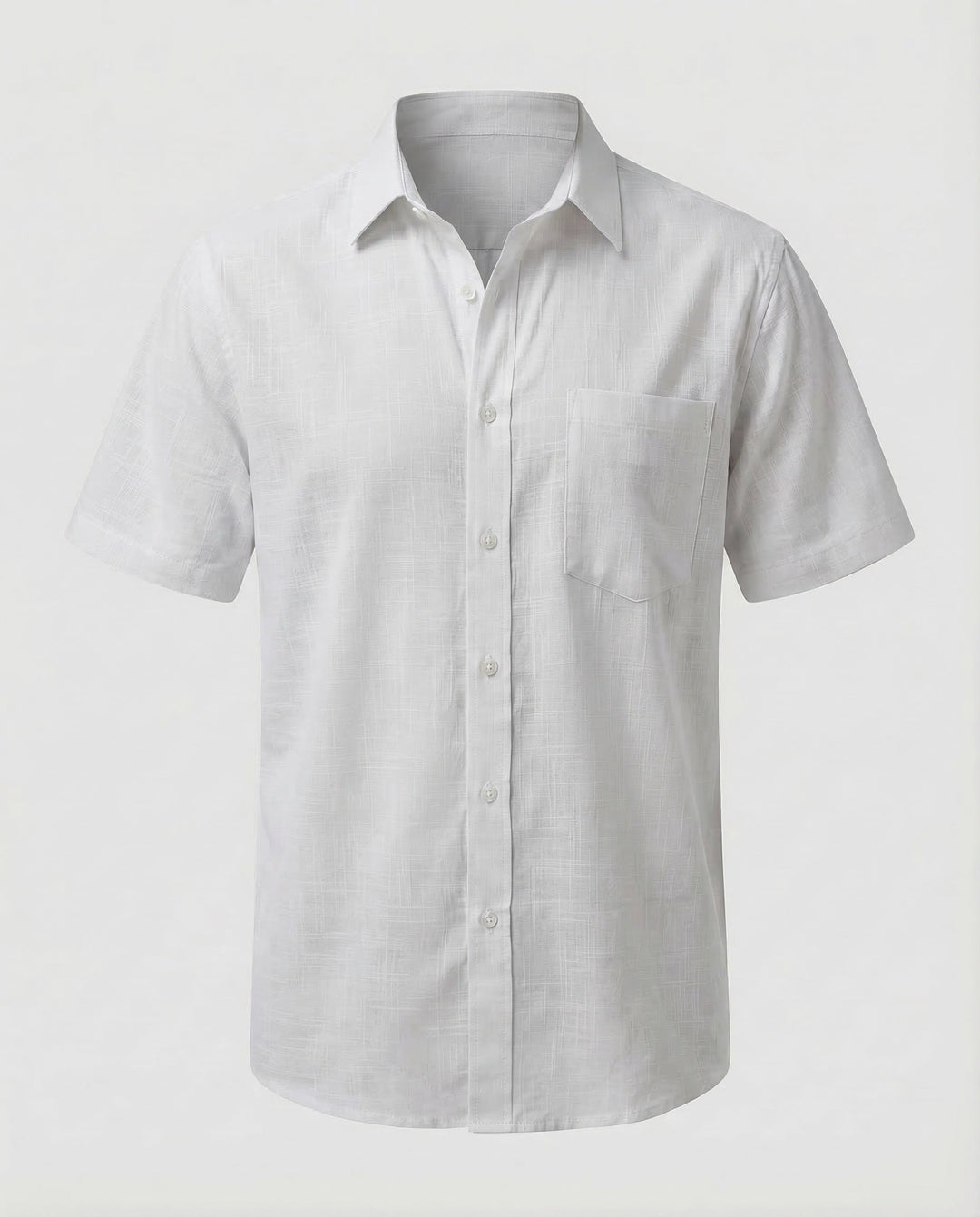 Side view of the men's short sleeve linen shirt in lightweight fabric