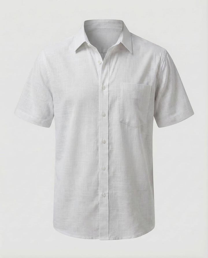 Side view of the men's short sleeve linen shirt in lightweight fabric