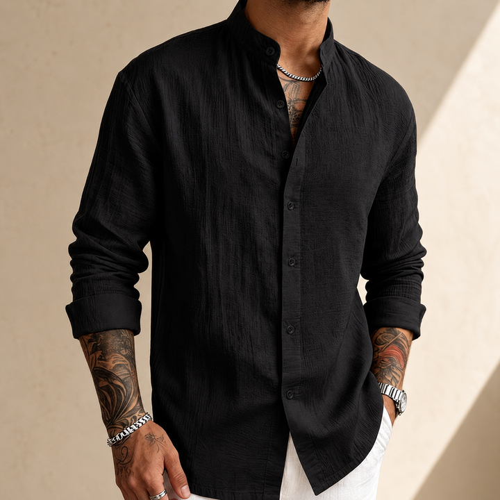 Men's long sleeve stand collar shirt shown from the front