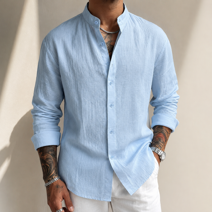 Detail view of the shirt fabric and long sleeve cuff