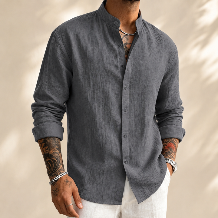 Close-up of the stand collar and front button placket