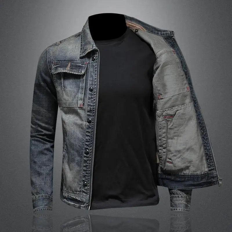 Front view of men's retro denim jacket with button fastening