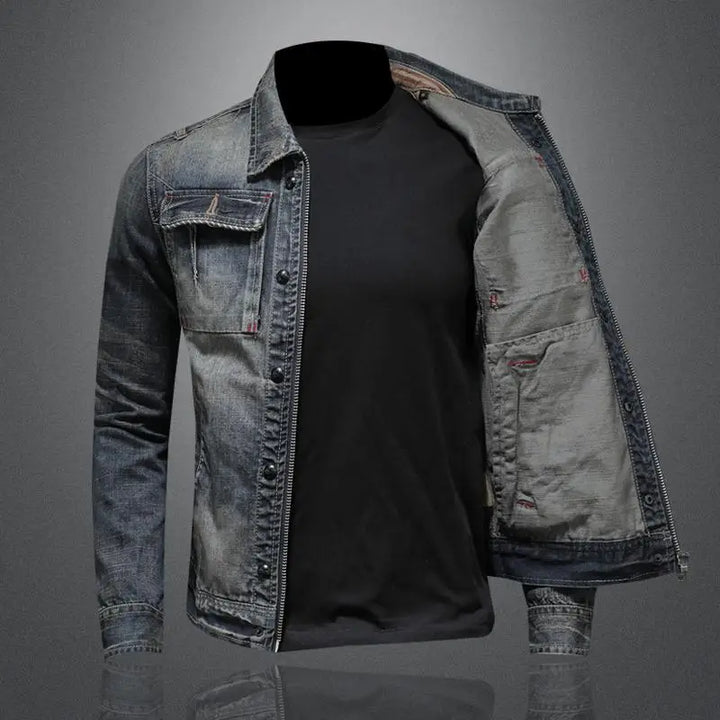 Front view of men's retro denim jacket with button fastening