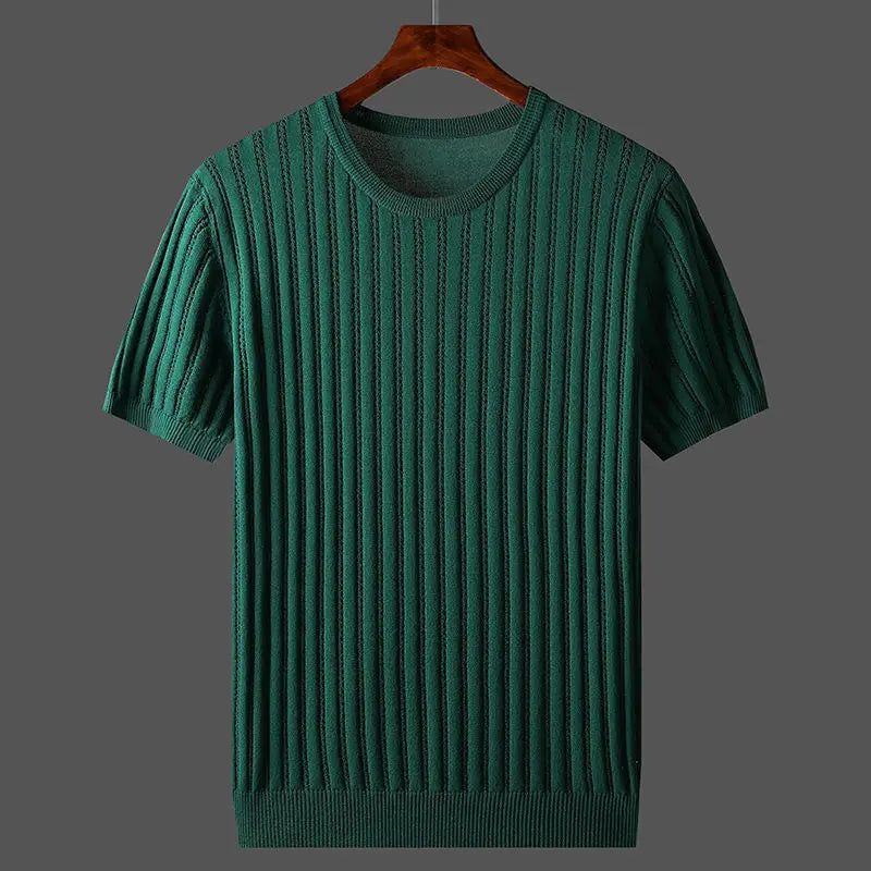 Men's ribbed knit crew neck T-shirt shown from the back