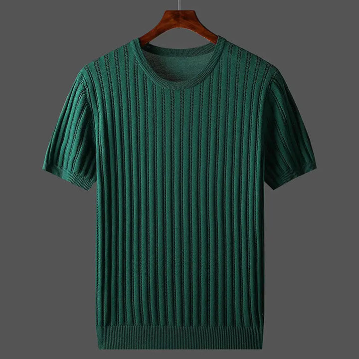 Men's ribbed knit crew neck T-shirt shown from the back