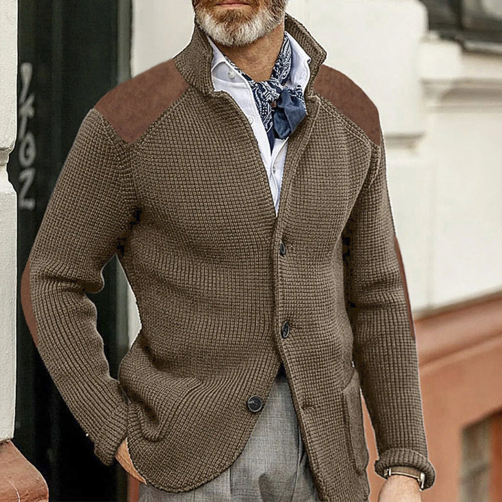Men's cardigan shown with its button fastening