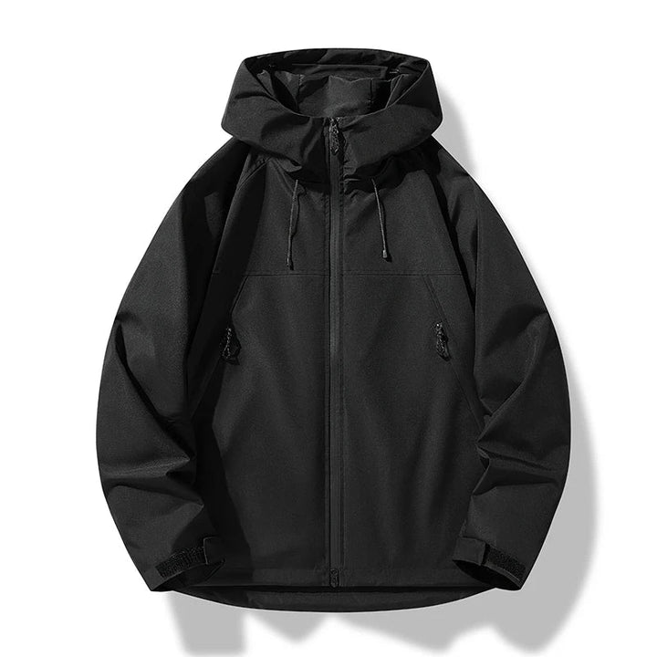 Back view of the unisex hooded outdoor jacket