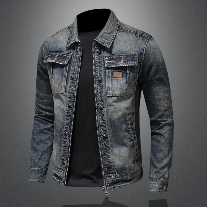 Back view showing the denim jacket's vintage-inspired design