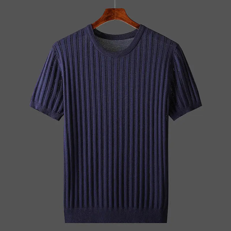 Side view of the men's ribbed knit T-shirt showing fit and drape