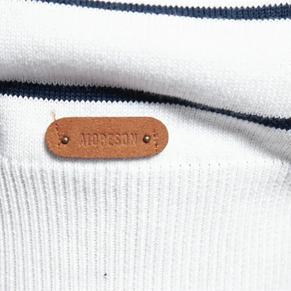 Men's striped jumper styled as a casual everyday outfit