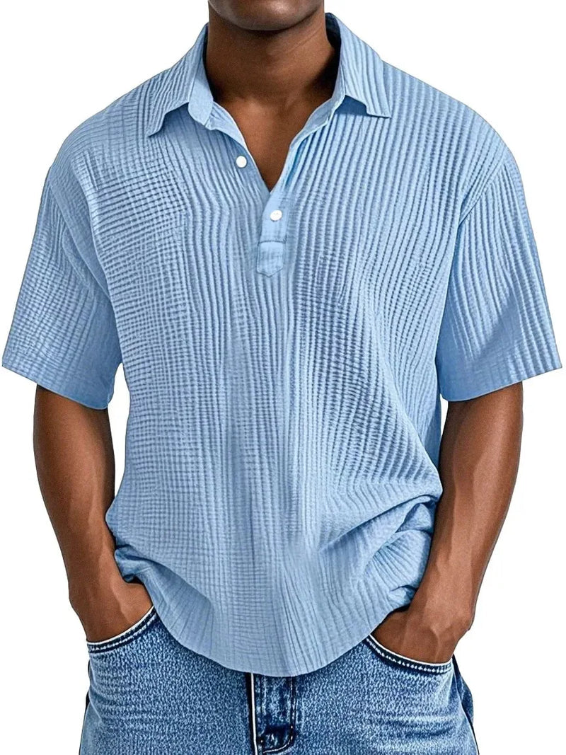 Men's textured short sleeve summer shirt shown from the back