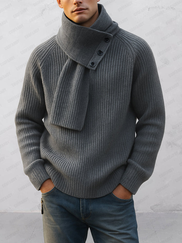 Men's knitted crew neck jumper with detachable scarf, front view