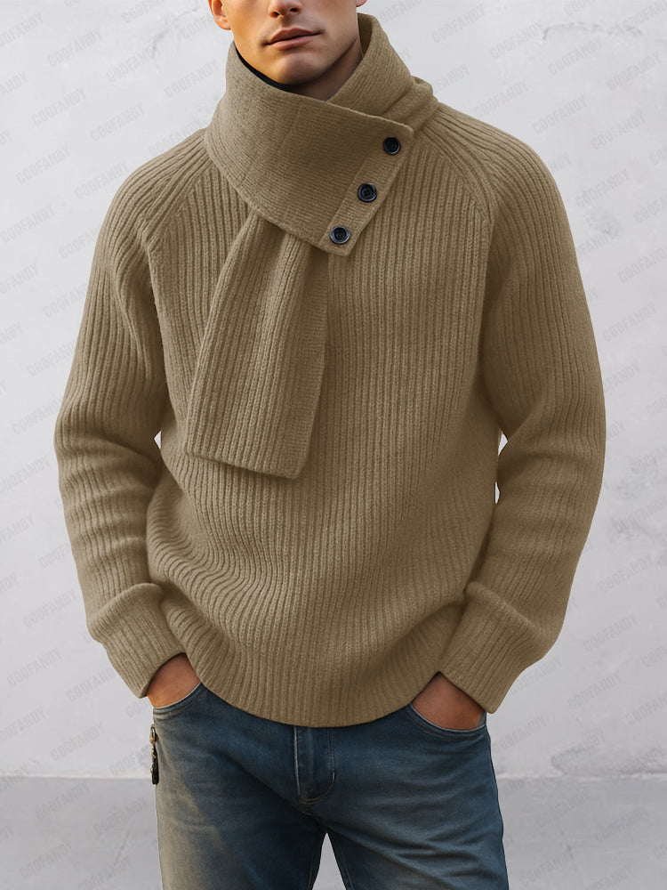 Close-up of the knitted crew neck and detachable scarf on a men's jumper