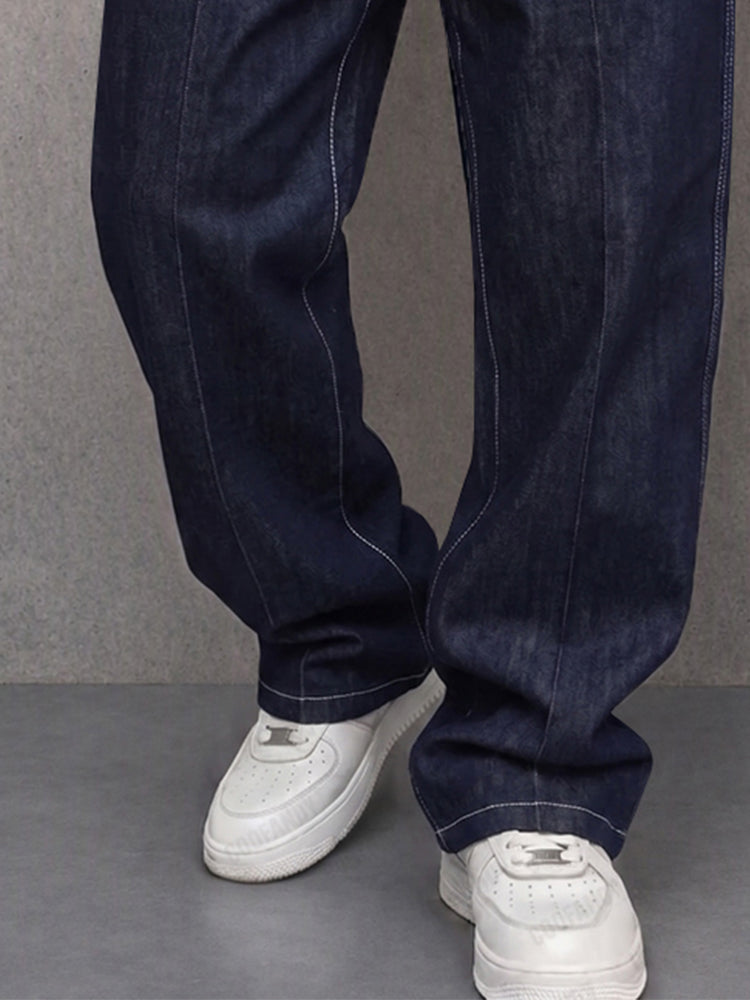 Full view of casual men's faux denim trousers with gold frog detailing