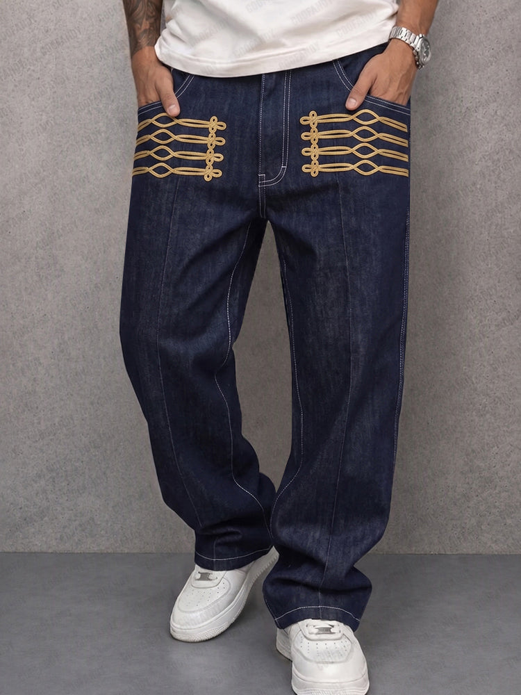 Men's Faux Denim Trousers With Gold Frog Detail