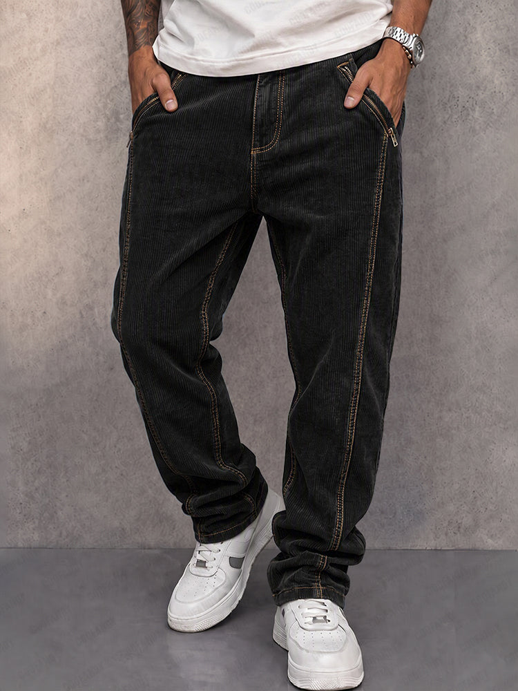 Men's corduroy straight-leg trousers shown from the back