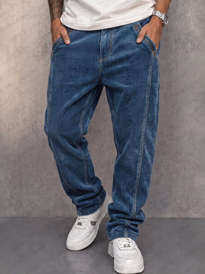 Men's corduroy straight-leg trousers shown from the front