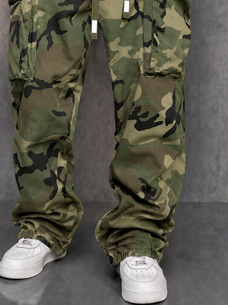 Rear view of men’s camouflage cargo trousers showing the relaxed utility design