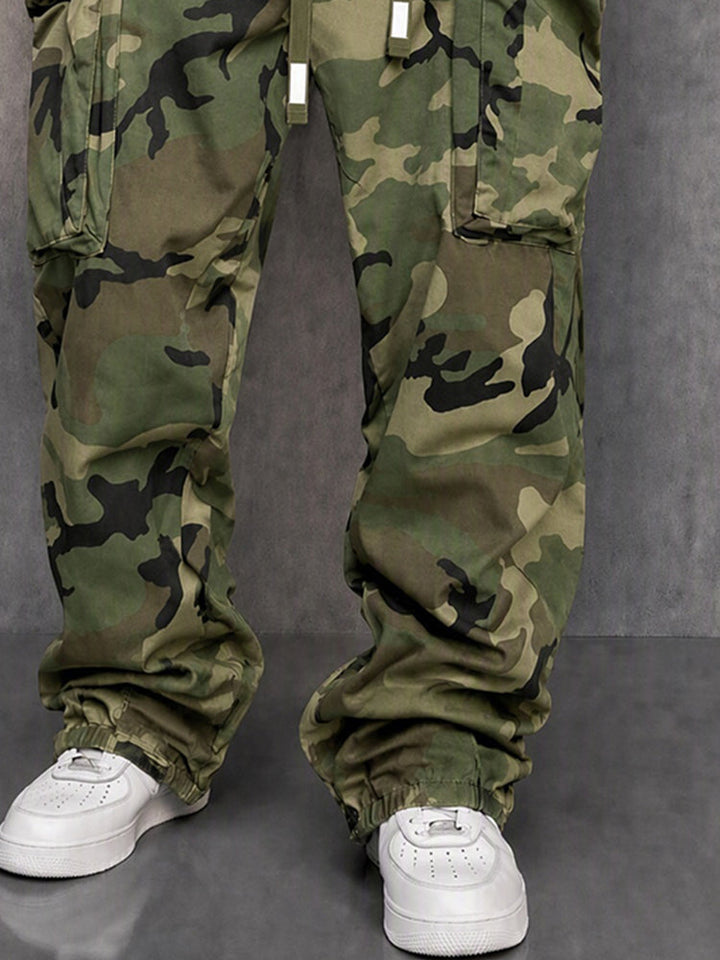 Rear view of men’s camouflage cargo trousers showing the relaxed utility design