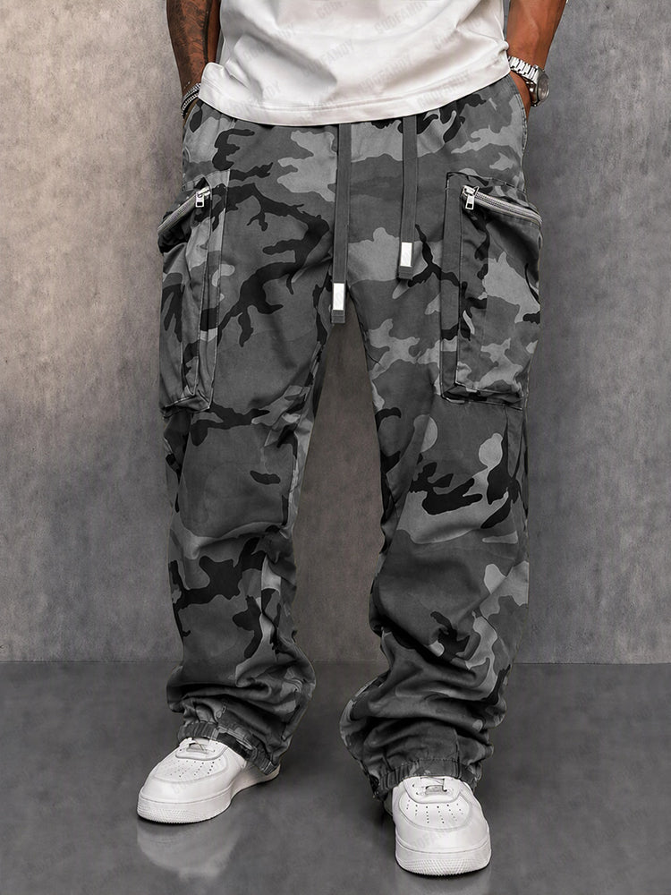 Close-up of the camouflage pattern and cargo pocket details on men’s trousers