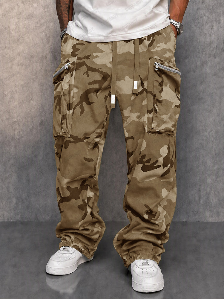 Side view of men’s camouflage cargo trousers showing multiple utility pockets