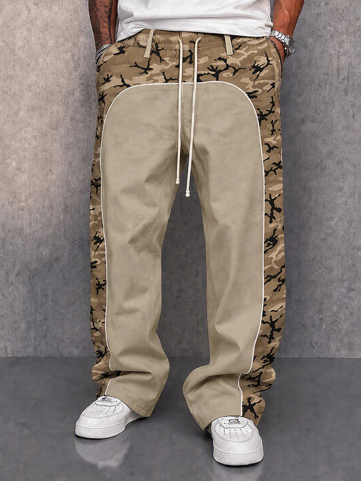 Men's camouflage patchwork casual trousers shown from the front
