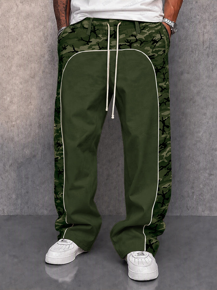 Men's camouflage patchwork trousers displaying the full casual design