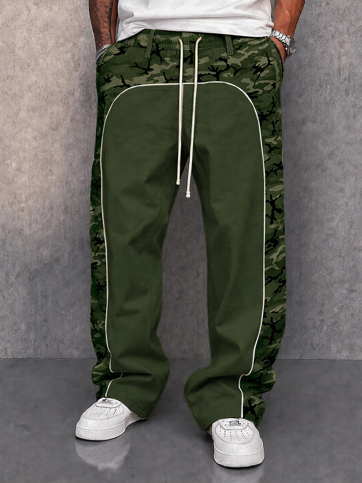 Men's camouflage patchwork trousers displaying the full casual design