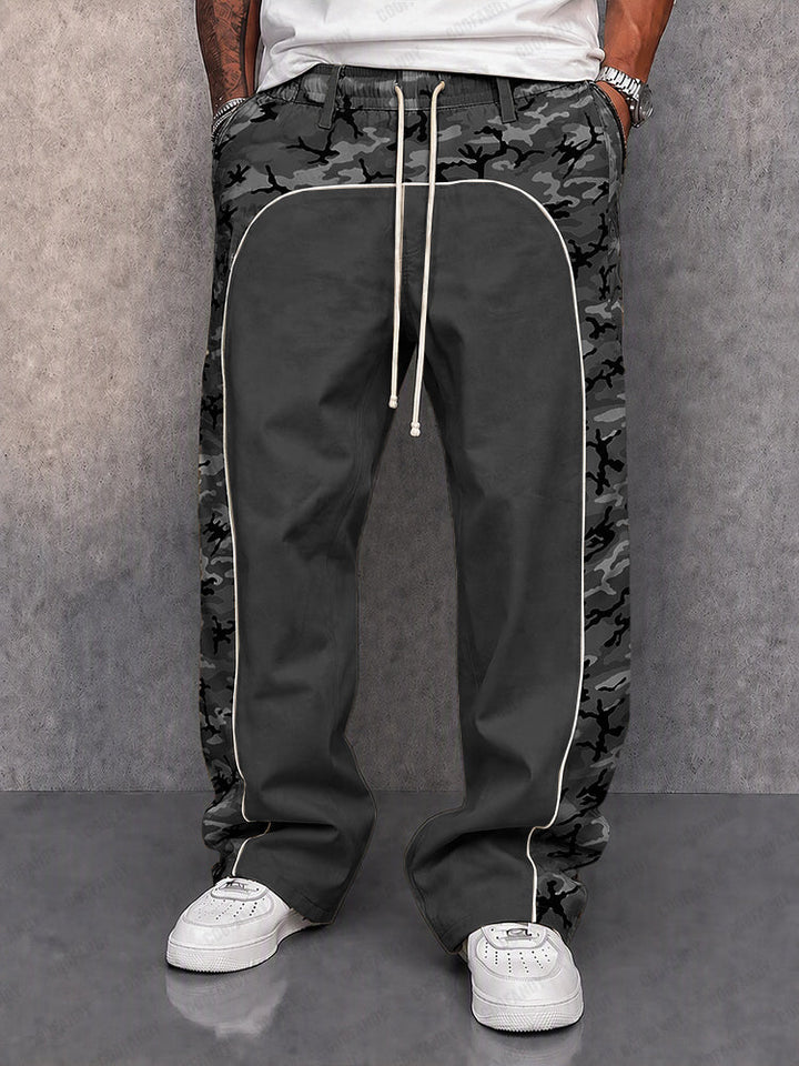 Close-up of the patchwork camouflage pattern on men's trousers