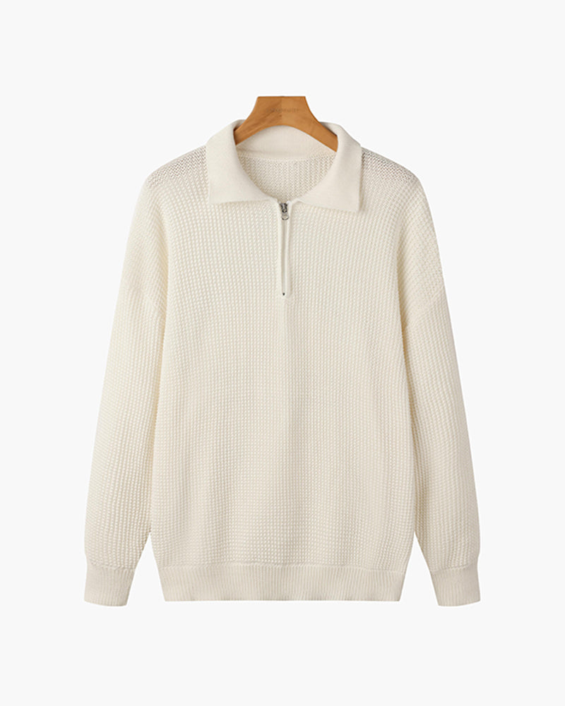 Men's cotton knit half zip jumper shown from the back