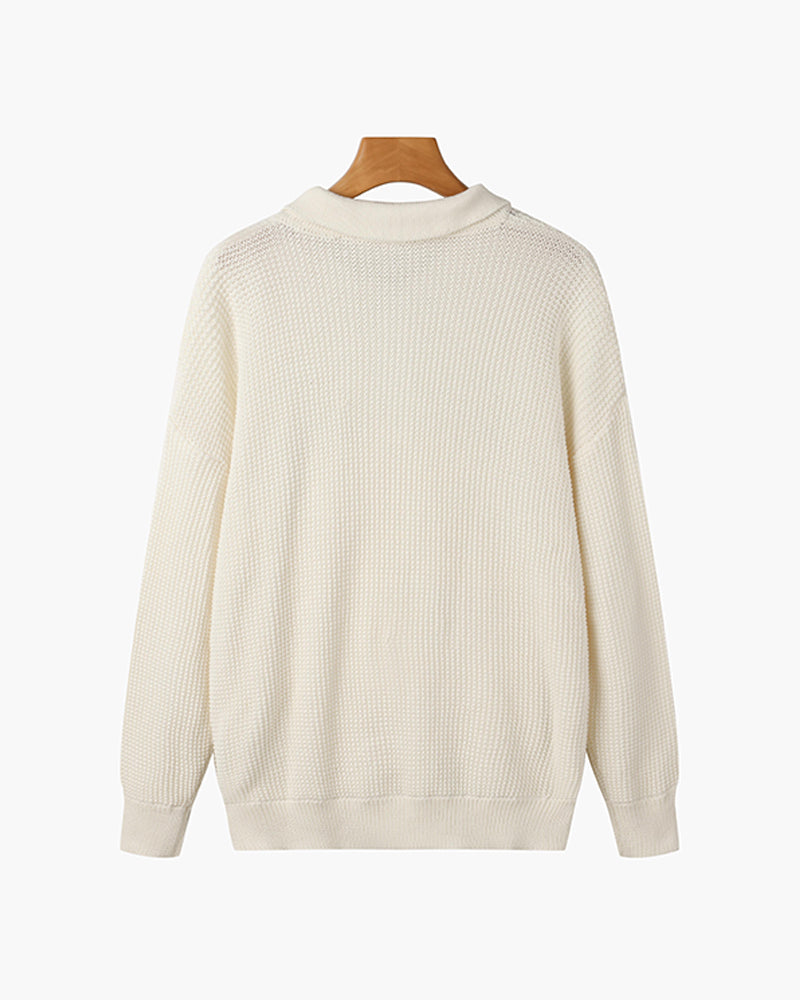 Close-up of the half zip collar on the men's cotton knit jumper