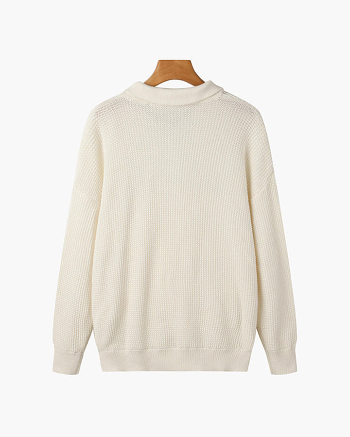Close-up of the half zip collar on the men's cotton knit jumper