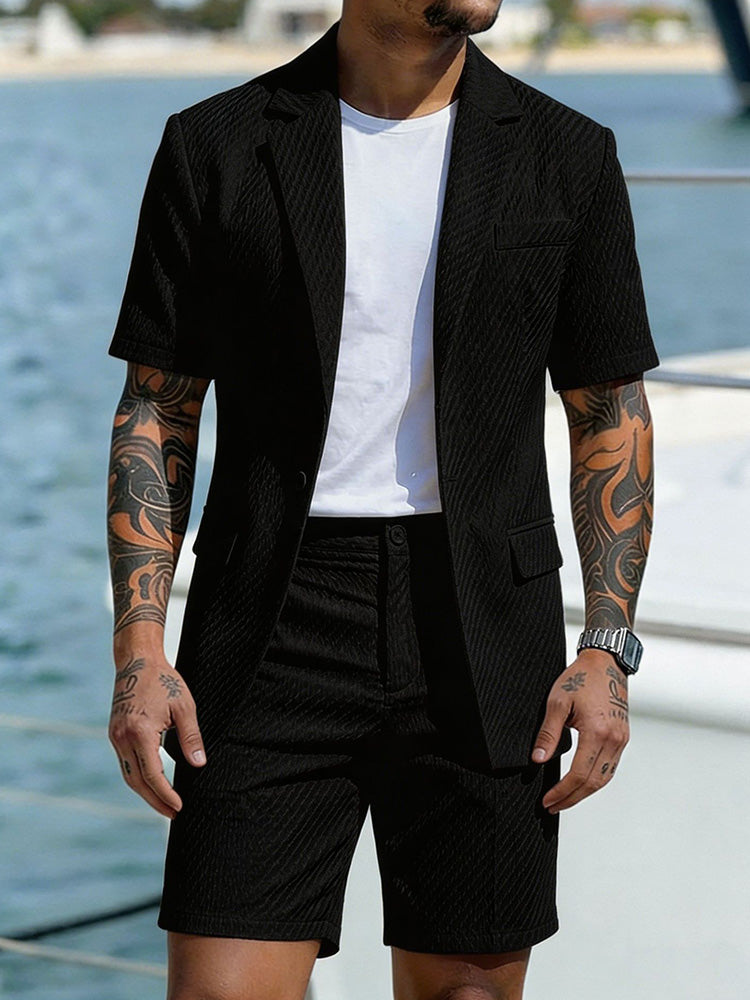Men's smart casual textured blazer and shorts set in a full outfit view