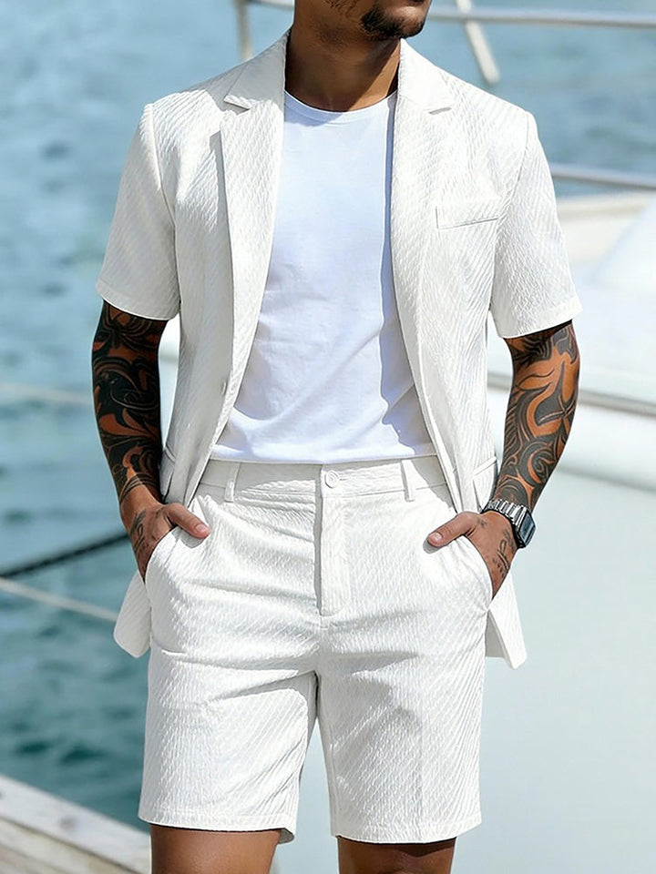Men's textured blazer and shorts set shown from the front