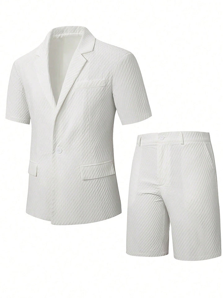 Side view of the men's textured blazer and matching shorts