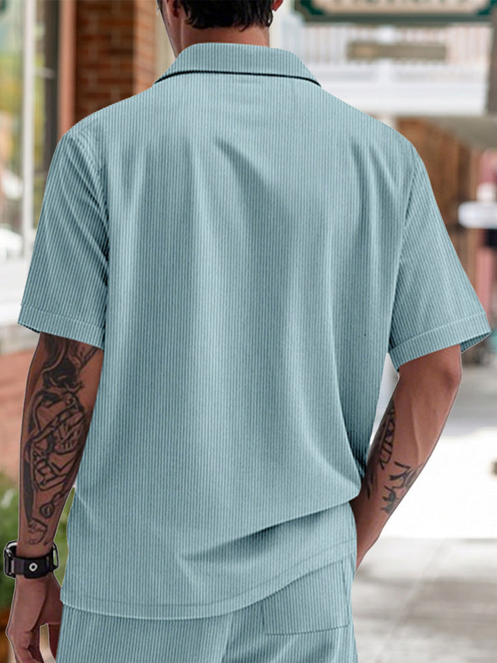 Men's mint green ribbed knit short sleeve shirt angled view