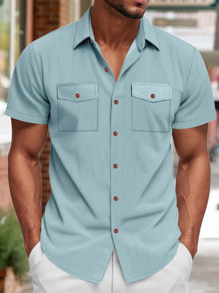 Men's mint green ribbed knit short sleeve shirt front view