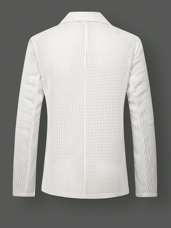 Close-up of breathable mesh knit fabric on men's relaxed fit blazer